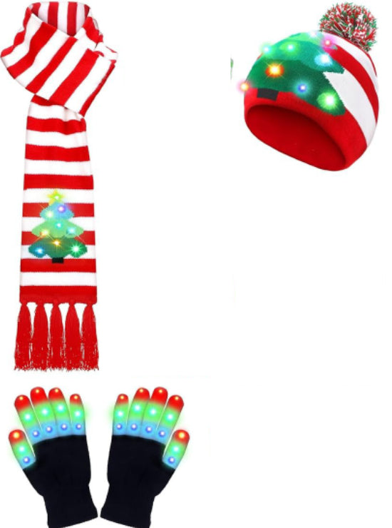 LED Christmas Knitted Hat Scarf Gloves Three-piece Set