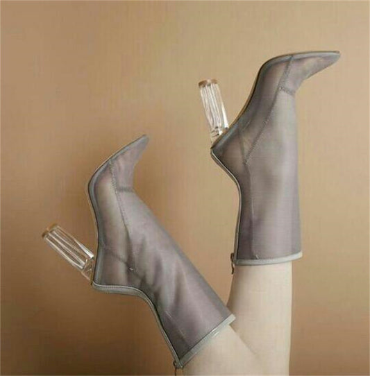 Women's Thick High-heeled Transparent Mesh Pointed Sandals