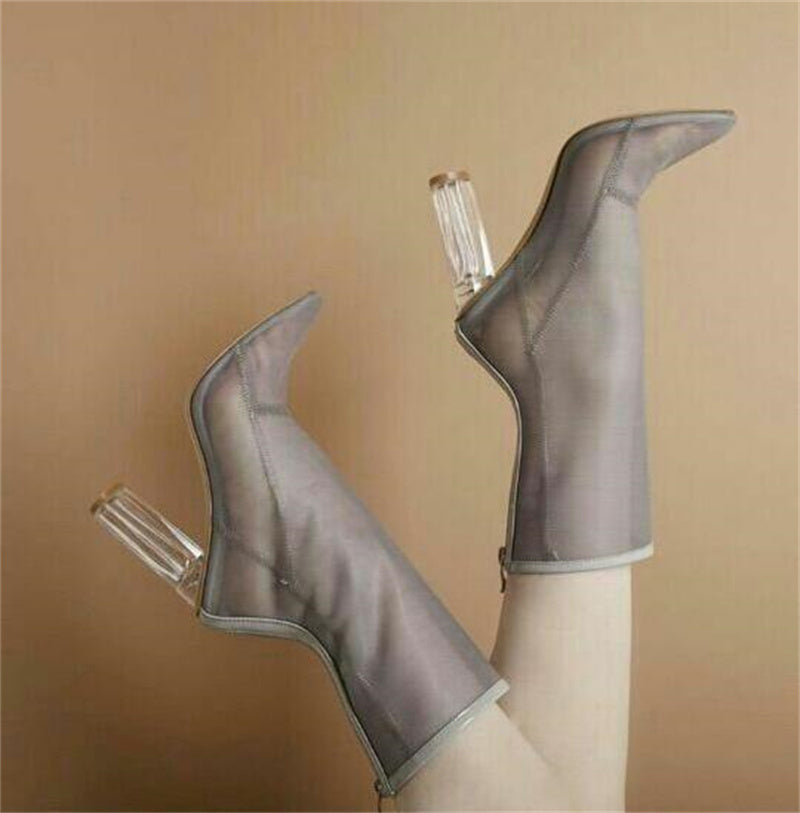 Women's Thick High-heeled Transparent Mesh Pointed Sandals