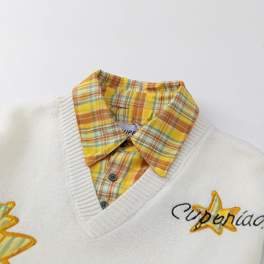 Retro Plaid Patchwork Mock Two-Piece Letter And Star Embroidered Sweater