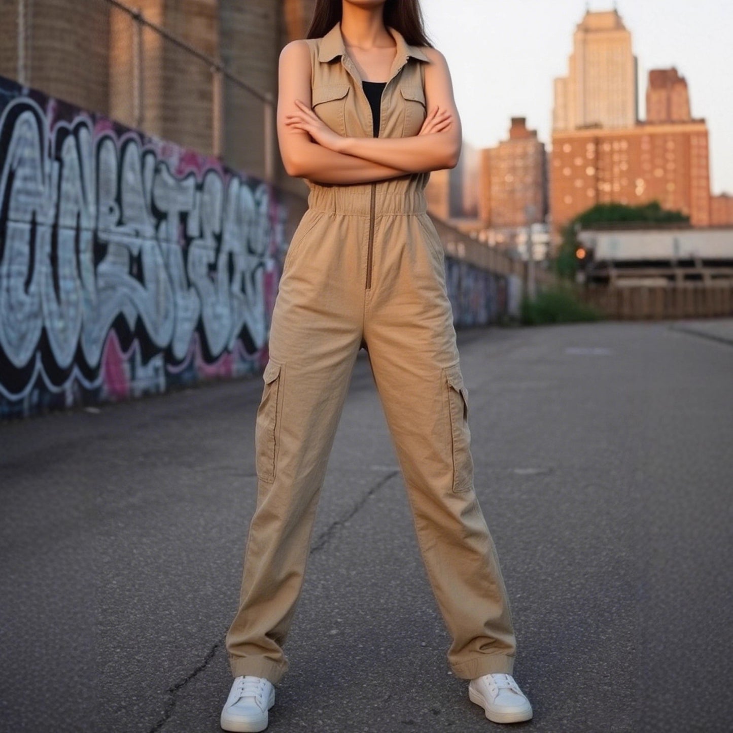 Jumpsuit med flere lommer, lynlås, V-hals og defineret talje
