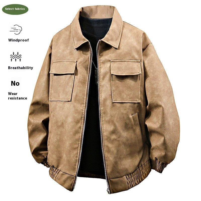 Stereo American Retro Hip Hop PU Leather Polo Collar Jacket