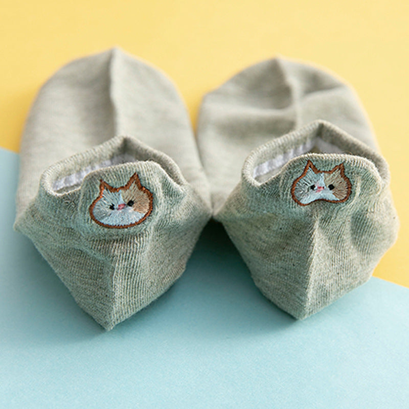 Socks Female Embroidered Cat Boat Socks Shallow Mouth Cute Low Waist