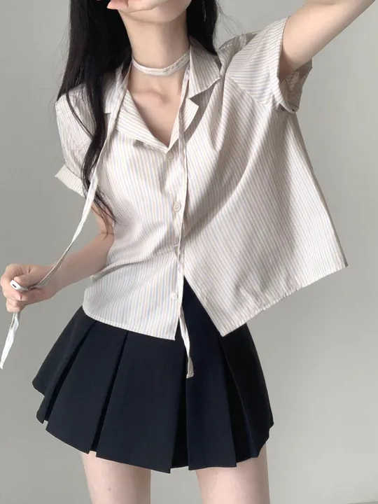 Short-sleeved Shirt Loose Women's Short Striped Shirt