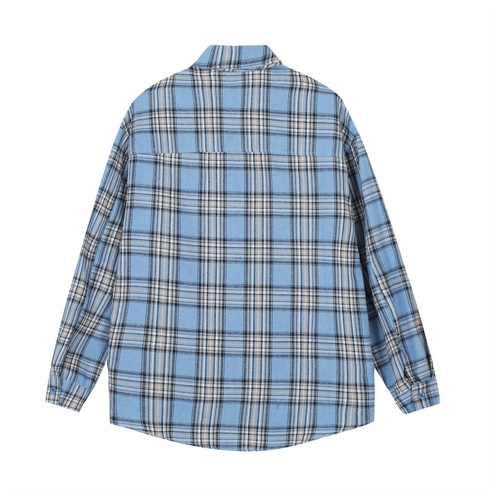 American Fashion Brand Badge Plaid Long Sleeve Shirt Outer Wear
