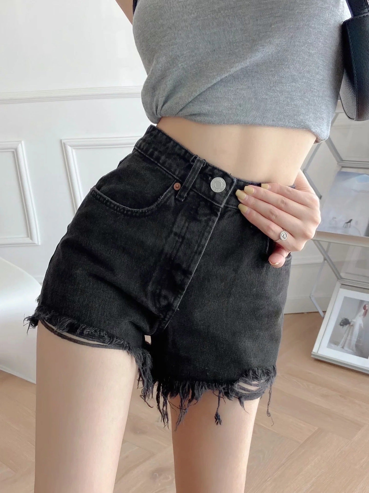 Women's High Waist Wide Legs Irregular Ripped Raw Edge Denim Shorts