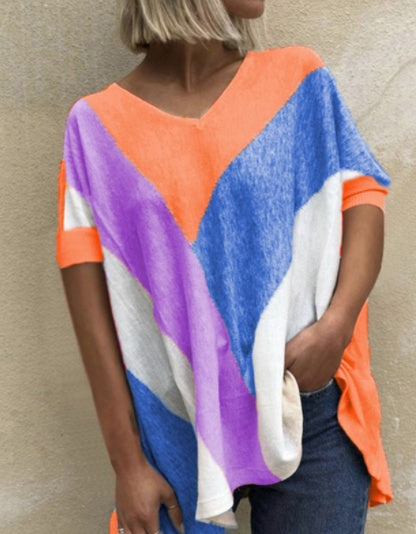 Women's V Neck Colorblock Print T Shirt Loose Casual Top