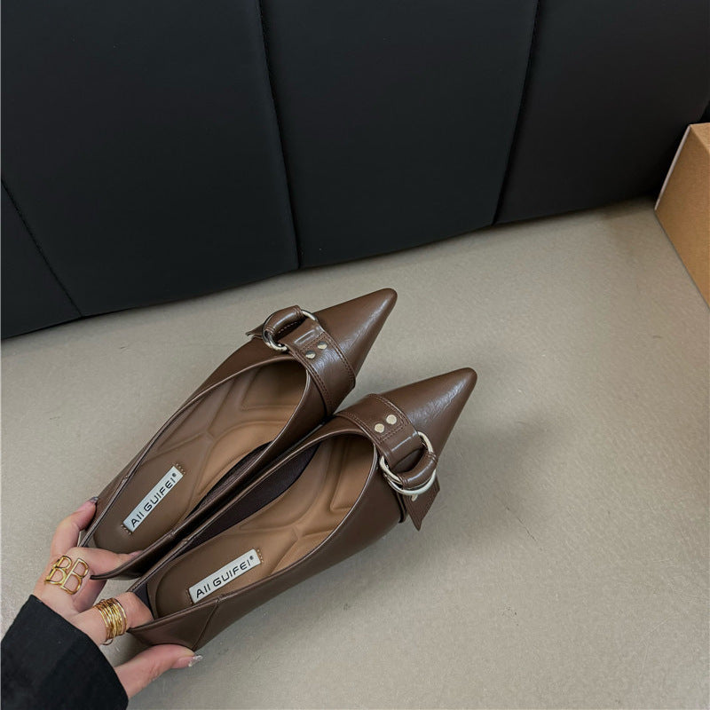 Metal Belt Buckle Soft Bottom Granny Shoes French Pointed Flat Bottom Pumps
