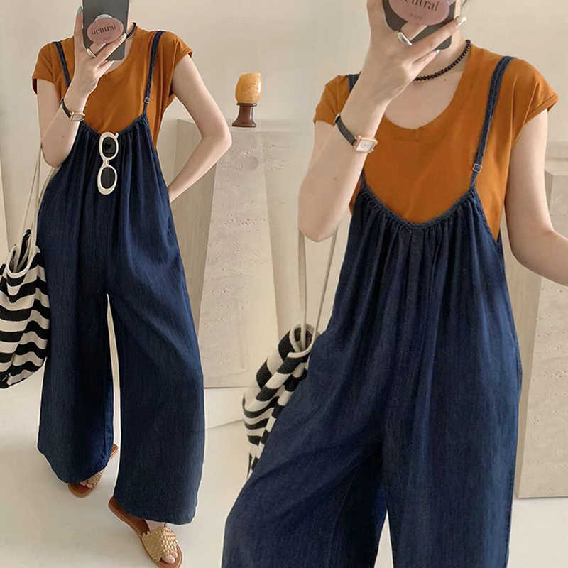 Denimoverall Sæt Løst Stort Størrelse Selestof Jumpsuit Kortærmet Todelt Sæt