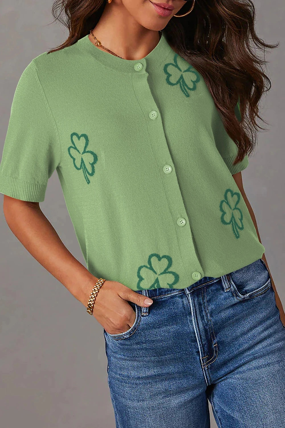 Green Holiday Jacquard Pattern Short-Sleeve Cardigan