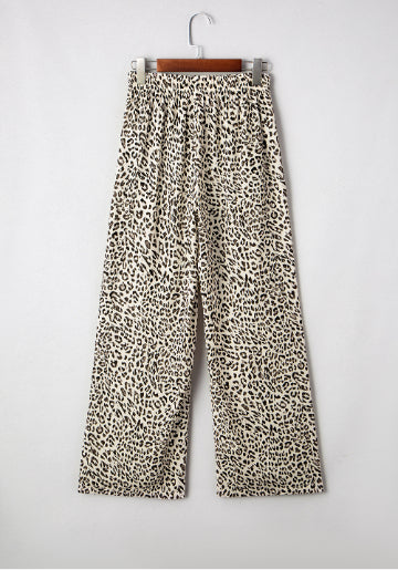 Brown Leopard Drawstring Elastic Waistband Loose Pants