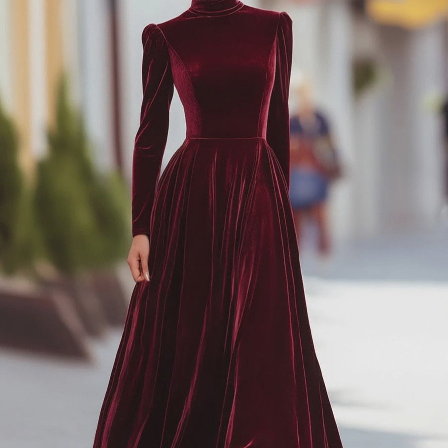 Womens Elegant Long Dress With A High Neck And Puffed Sleeves