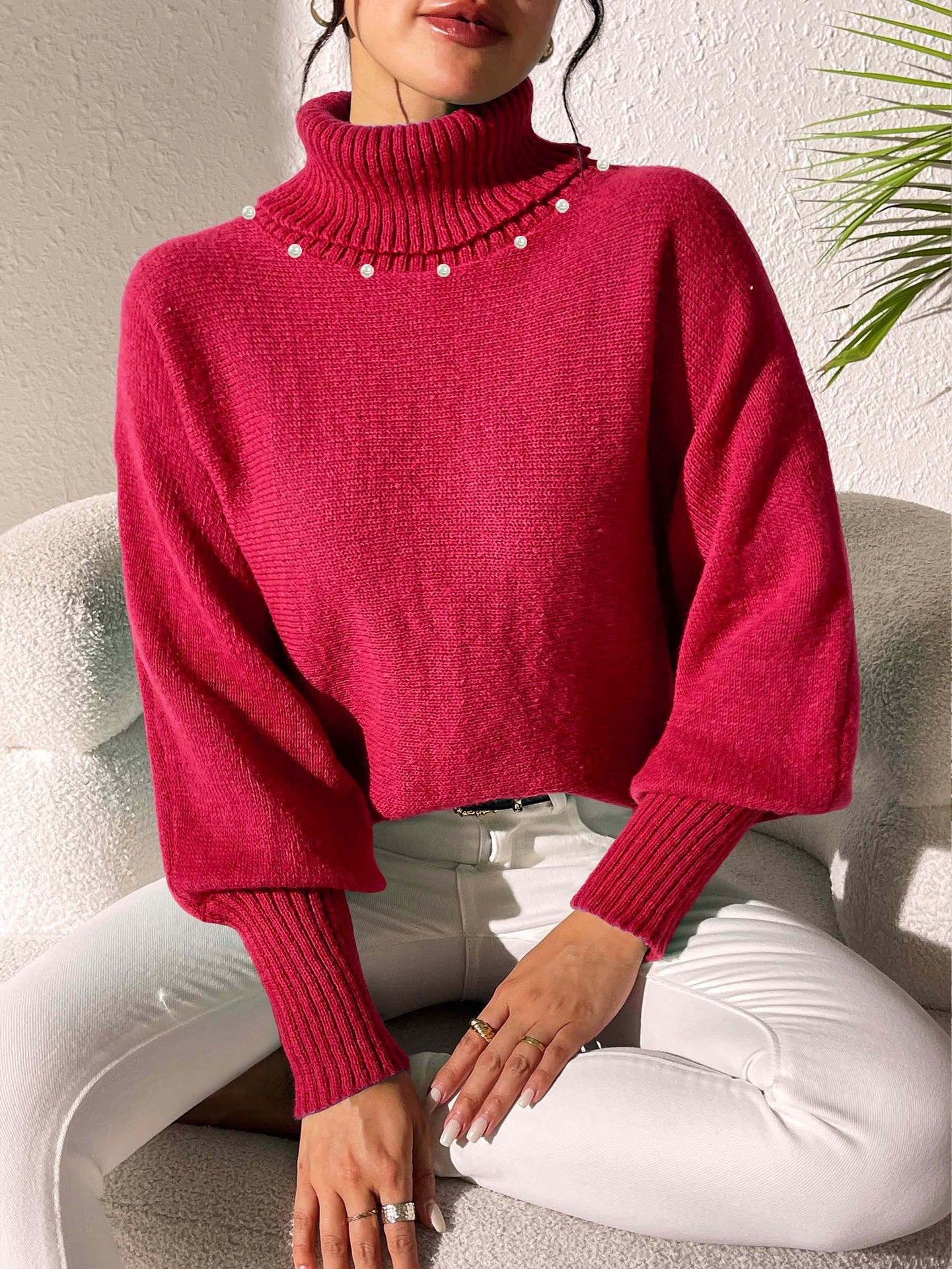 Women's Solid Color Simple Top Pearl Beaded Turtleneck Sweater Women's Base Shirt