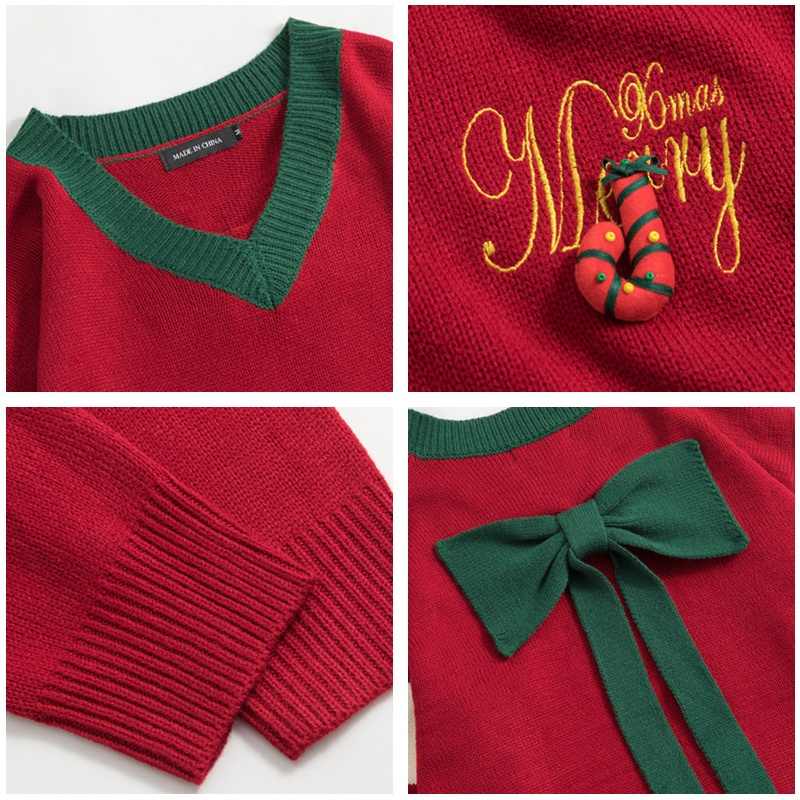 Color-blocking Bow V-neck Sweater Women's Loose Christmas Sweater