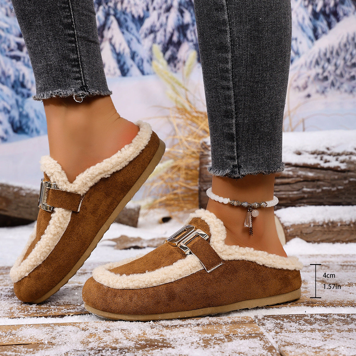 Women's Flat Lamb Wool Slippers Winter New Birkenstock Closed Toe Fluffy Shoes Lazy Cotton Slippers