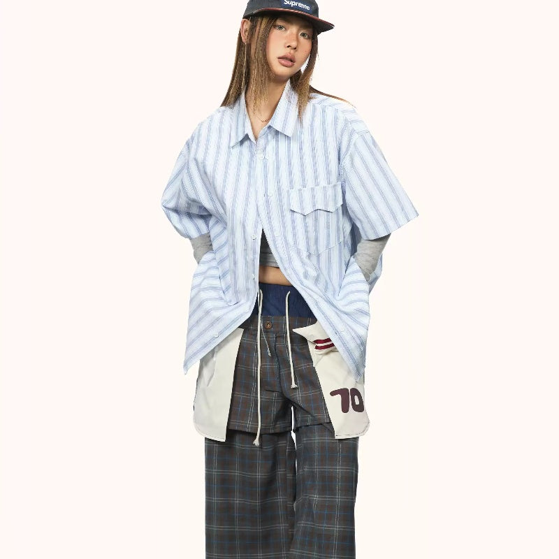 Blue Striped Short-sleeved Shirt Women's Loose Casual