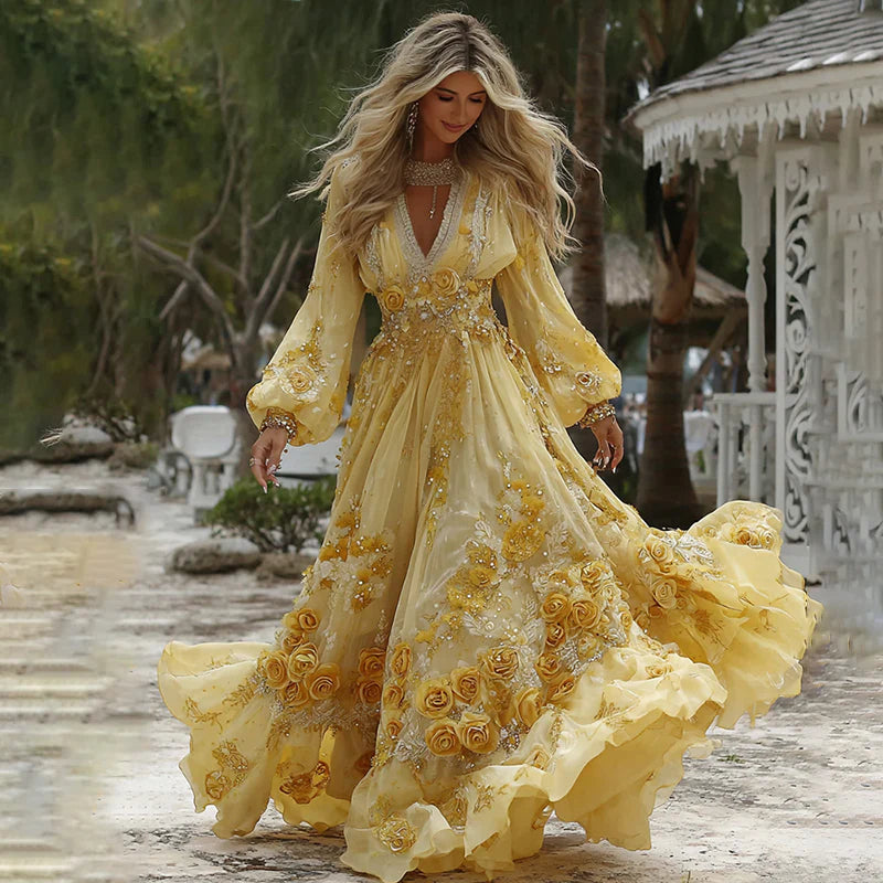 Retro Bohemian Rose Embroidered Linen Loose-Fit Long Dress