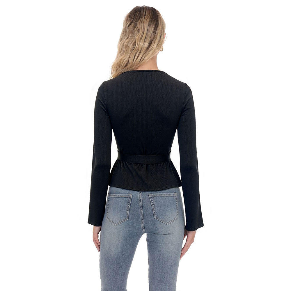 French Niche Design Women's Black V-neck Long-sleeved Waist-cinching Knit Top