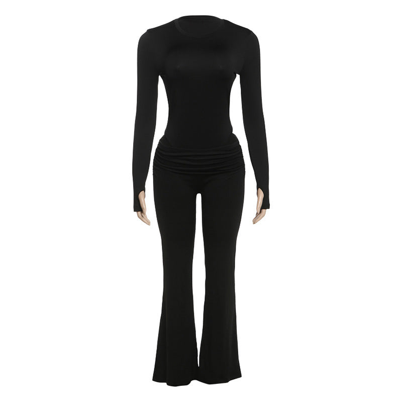 Solid Color Crew Neck Long Sleeve Slim Fit Bodysuit And Low Rise Pants Set