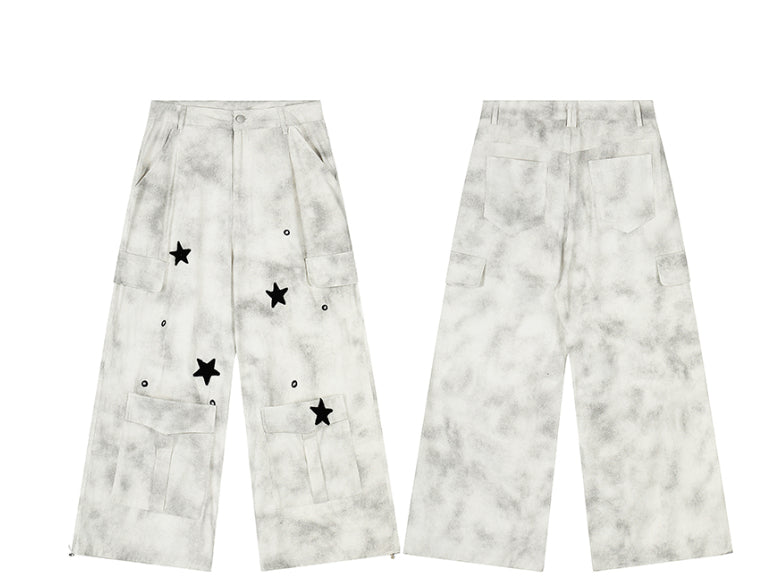 Worn Looking Washed-out Tie-dye Wide-leg Overalls