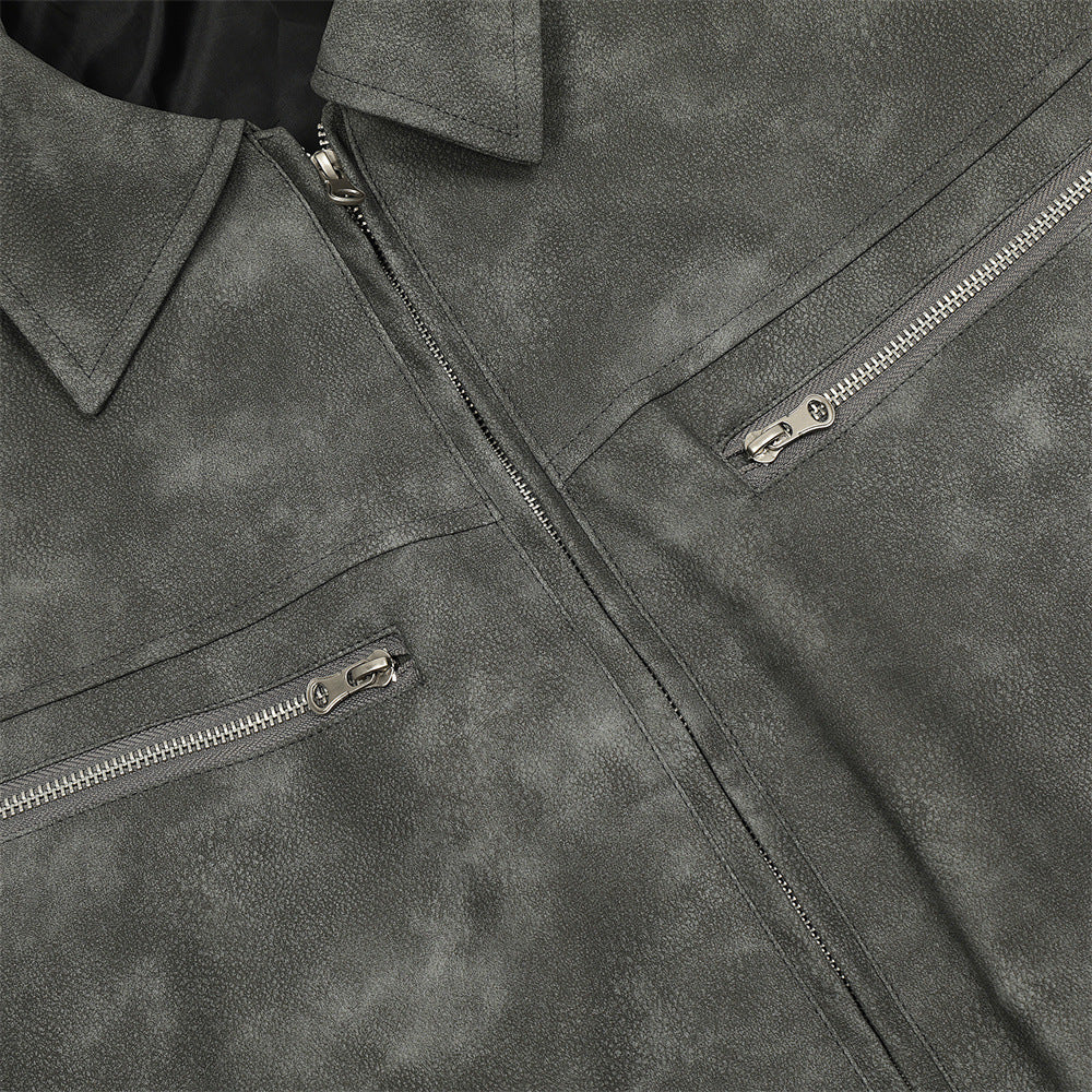 Vintage PU Leather Jacket Men's Punk Rock Zipper Multi-pocket Workwear Leather Coat