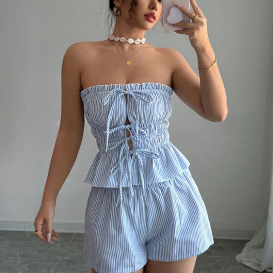 Striped Ruffled Midriff-baring Top Elastic-waist Shorts Two-piece Set