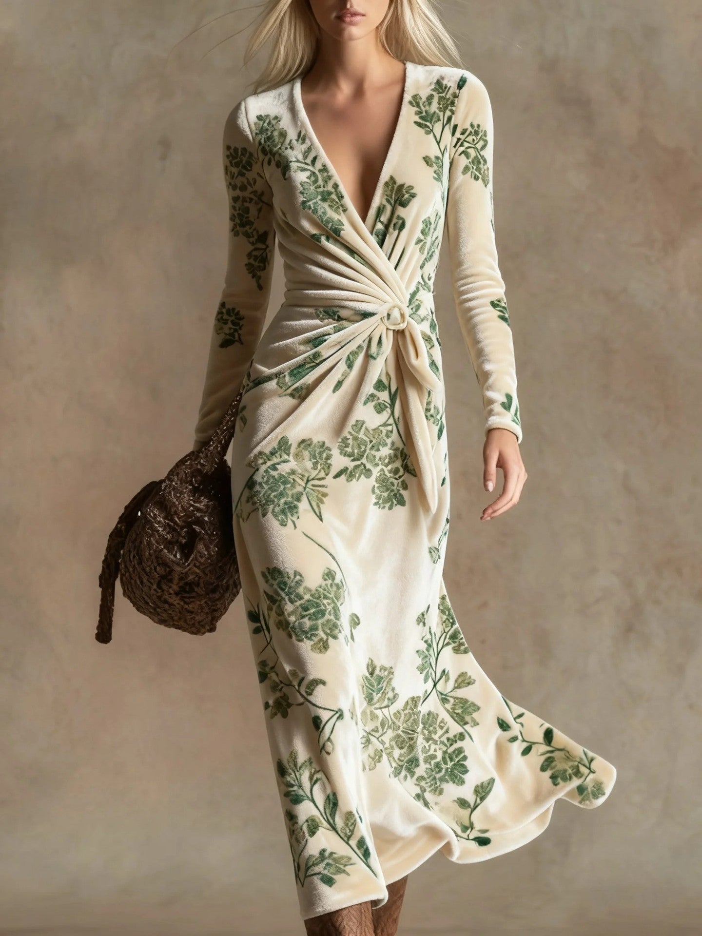 Womens V-neck Long-sleeve Maxi Dress