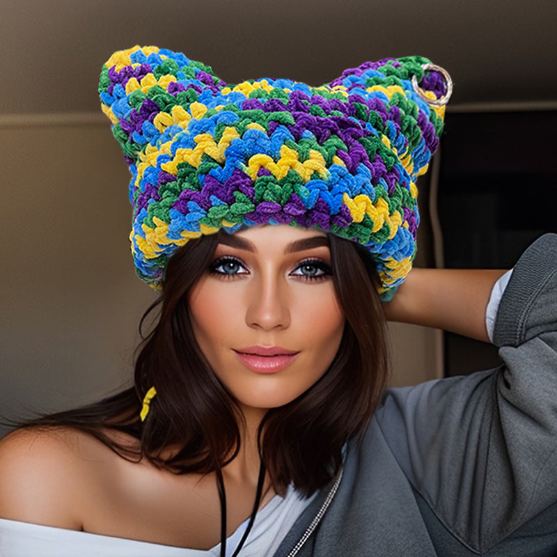 Women's Thick Thread Handmade Textile Needle Devil Horn Woolen Cap