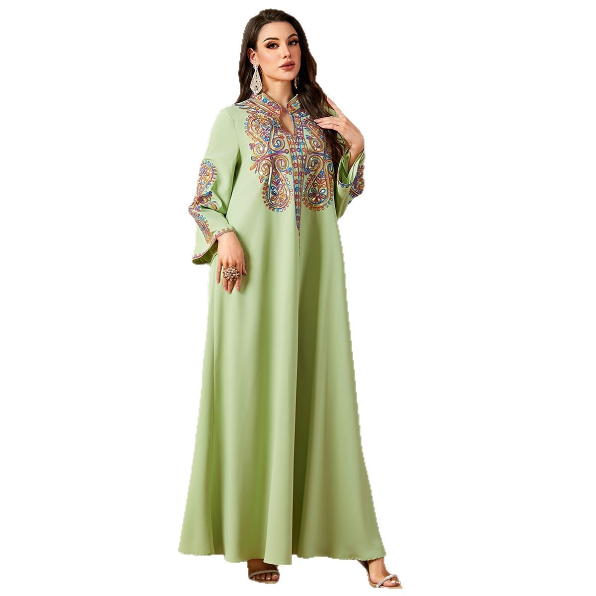 Elegant Beaded Embroidery Dress For Muslim Women In A Long Robe Style