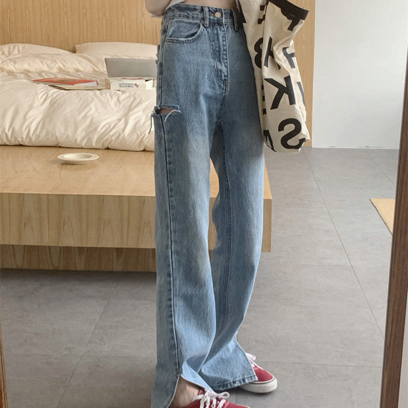 Women's Retro Loose High Waist Slit Jeans