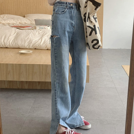 Women's Retro Loose High Waist Slit Jeans