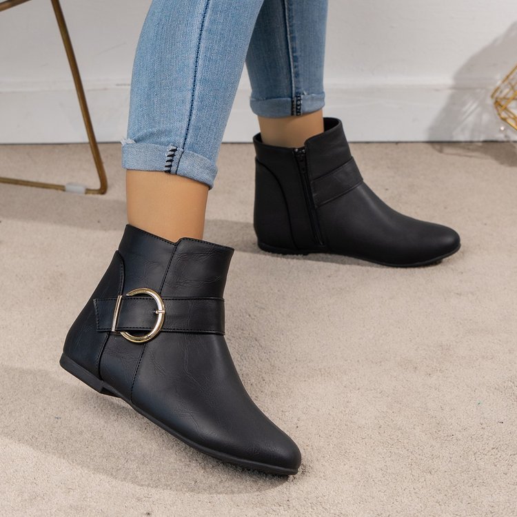 Big Buckle Side Zipper Flat Bottom Low-top Martin Boots