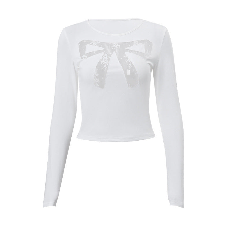 Round Neck Bowknot Printed Midriff-baring Long Sleeve Top T-shirt