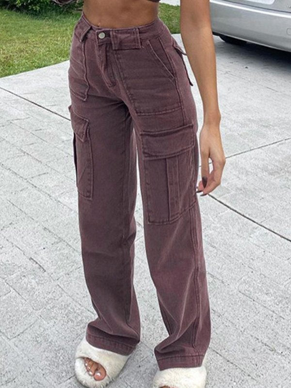 Damebukser Ensfarvet Lommesyning Basic Afslappet Løse Mellemhøje Jeans