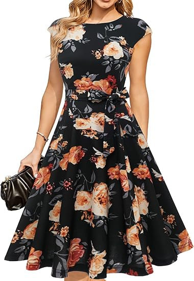 Elegant Round-neck Sleeveless Tie-waist Printed Dress