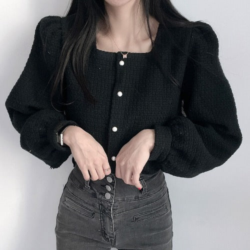 French Style Square Neck Pearl Button Puff Sleeve Jacket