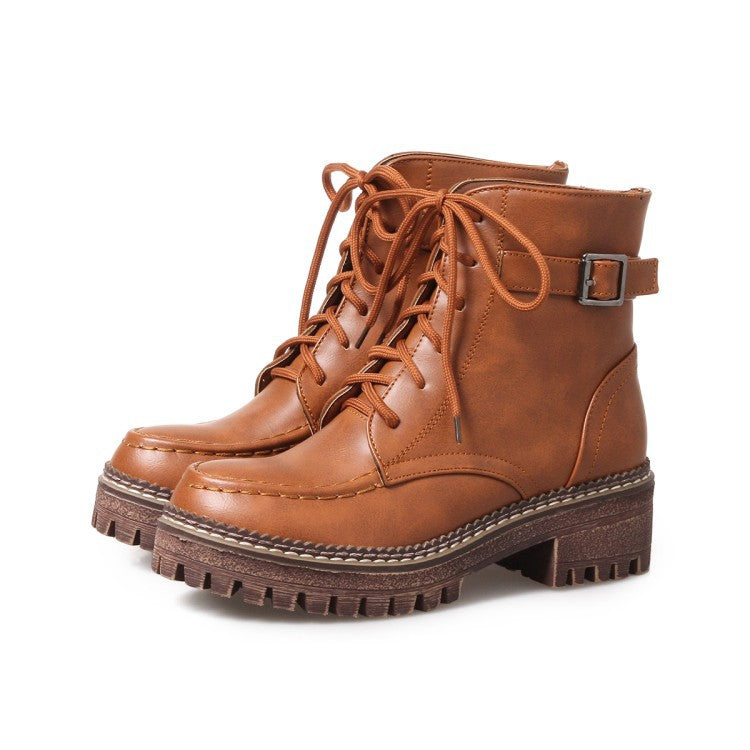 British style retro lace-up short boots female belt buckle