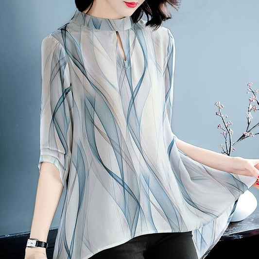 Women's Wave Print Long Hem Shirt Top