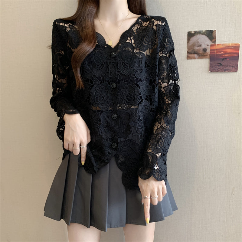 Women's Lace Embroidered Hollow Out Long Sleeve Top