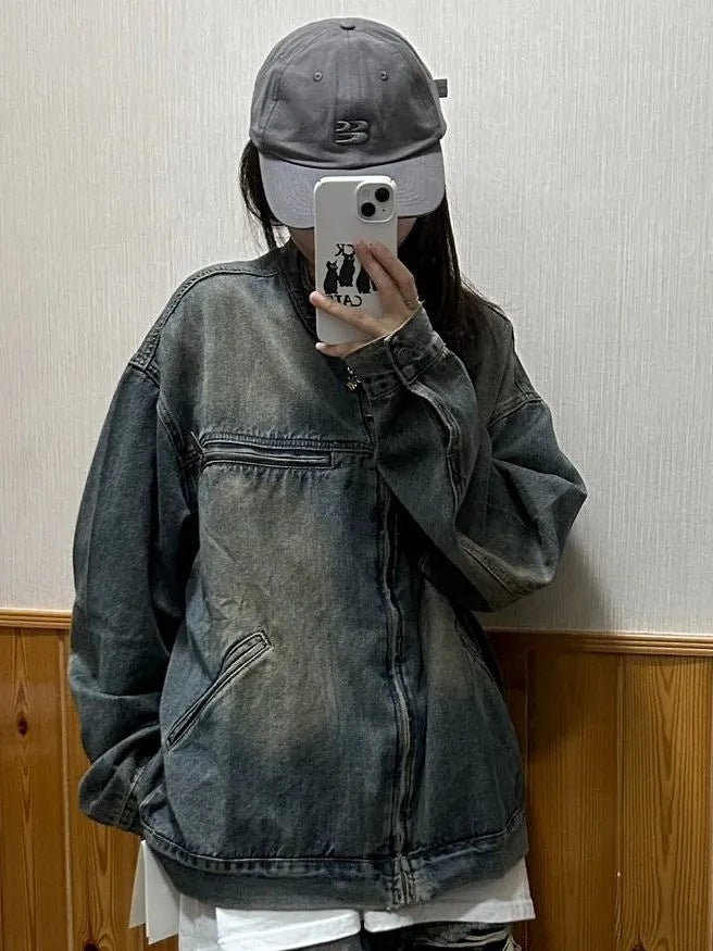 Womens Vintage Washed Distressed Denim Jacket