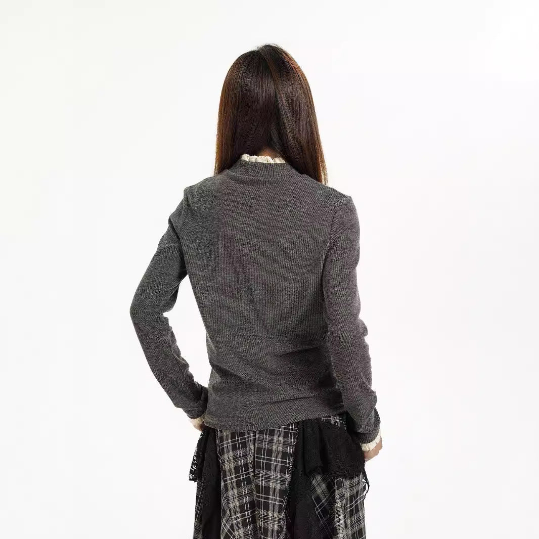 Long Sleeve Knitted Warm Lace Trim Inner Wear Blouse