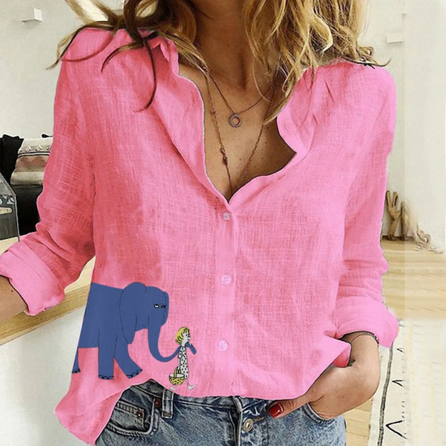 Womens Animal Elephant-Print Long-Sleeve Shirt