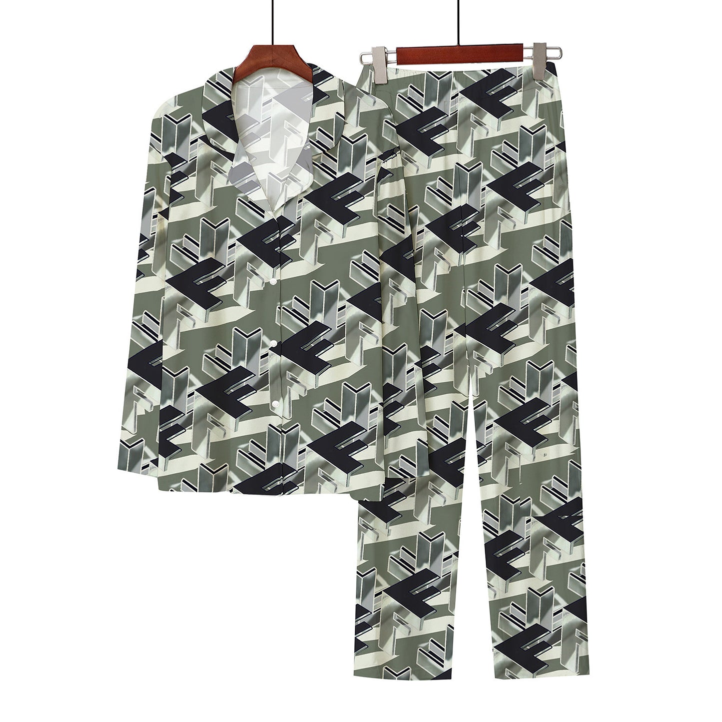 Printed-button Open-front Pajama Shirt And Pajama Pants