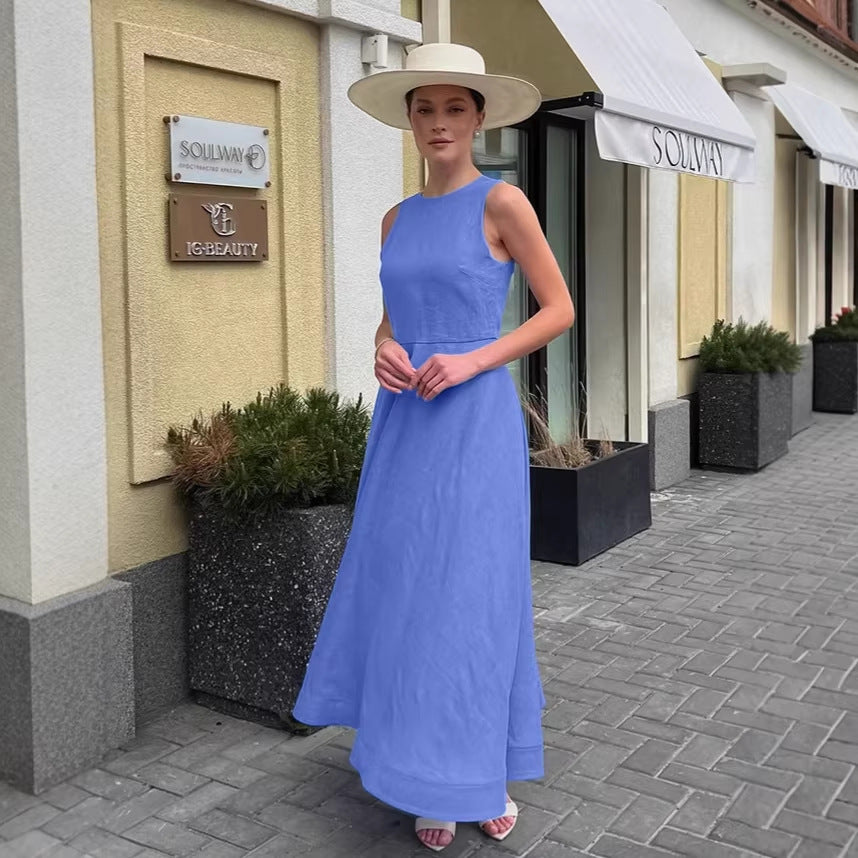 Womens Blue Crew-Neck Cotton-Linen Dress, Tank-Style Long Skirt