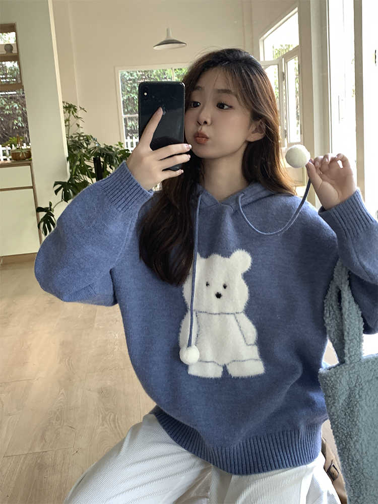 Bear Loose Hooded Warm Sweater Women's Knitted Blouse