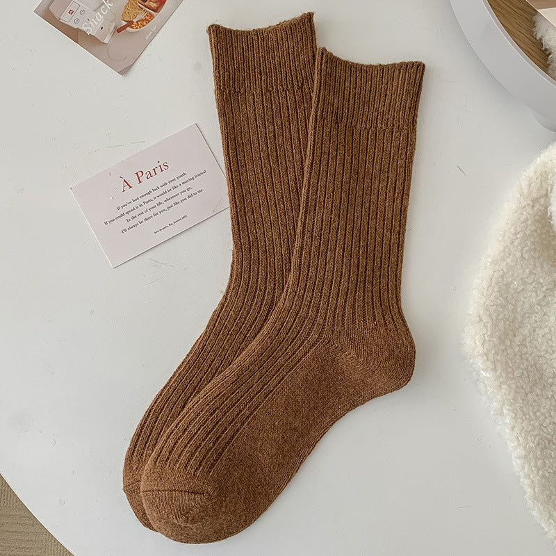 Solid-color Vertical-striped Wool Womens Socks For Fall And Winter