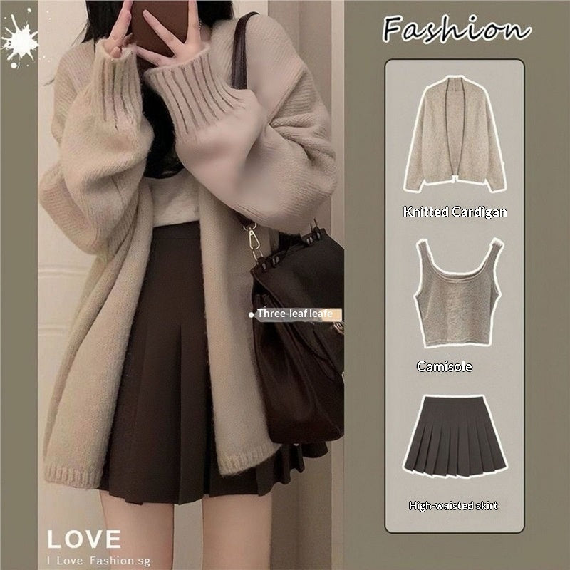 New Korean-style Versatile Strap Loose Cardigan Figure-flattering Pleated Skirt Three-piece Set
