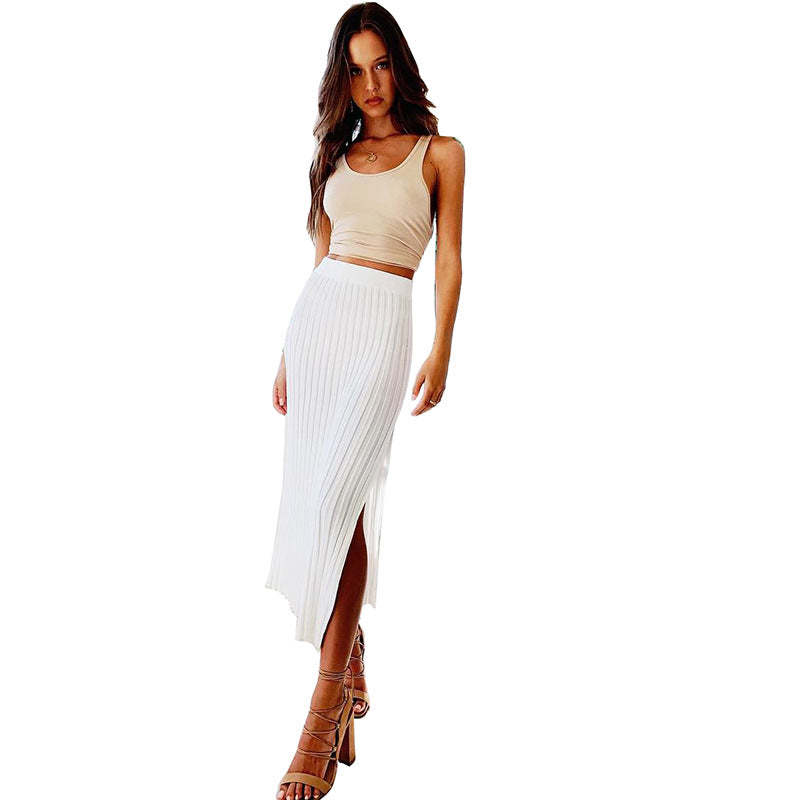 Summer Sexy High Waist Skirt Knitted Slit Skirt Mid-length White Sheath Hot