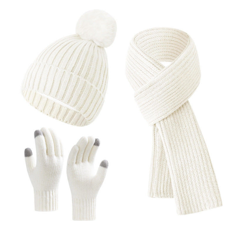 Solid Color Woven Hat Scarf And Gloves Warm Set