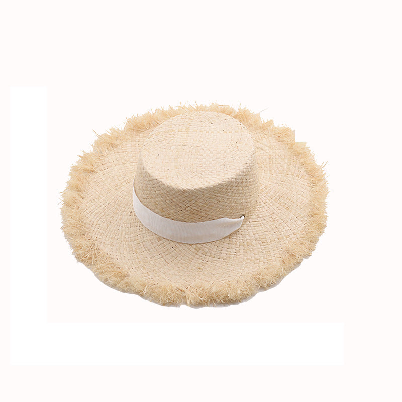 Raffia Tie Flat Top Frayed Straw Hat